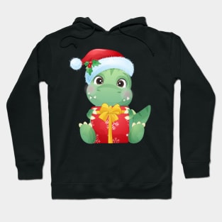 Cute Christmas Dinosaur With Santa Hat Holding A Gift Box Hoodie